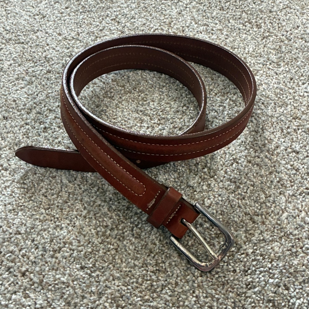 90's LL Bean Leather Belt Mens 34? Brown Brass Buckle USA Americana Heritage - Picture 1 of 9